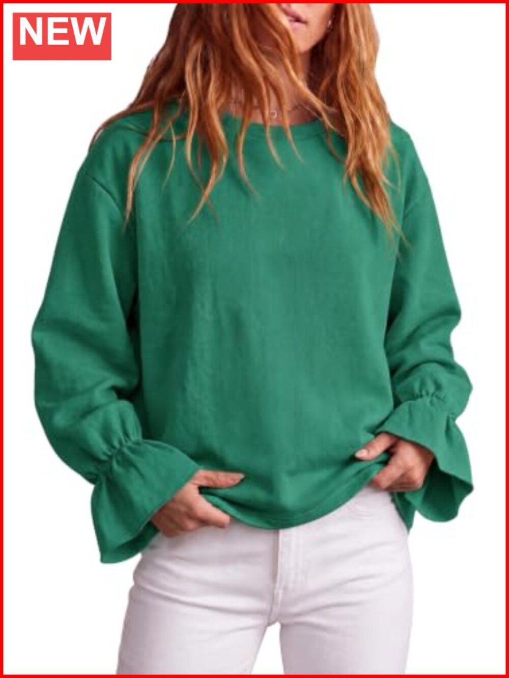 Womens Oversized Fleece Sweatshirt Crew Neck Ruffle Sleeve Pullover